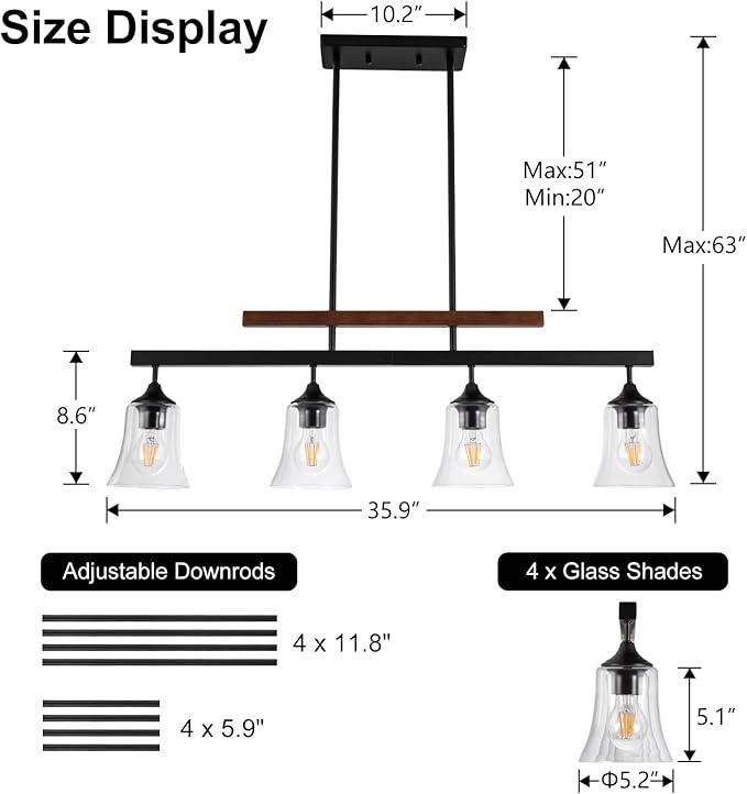 Dining Room Light Fixture 4-Light Kitchen Island Lighting Farmhouse Chandeliers for Dining Room Over Table Wood Chandelier with Glass Black Metal Pendant Light for Kitchen Island Lights
