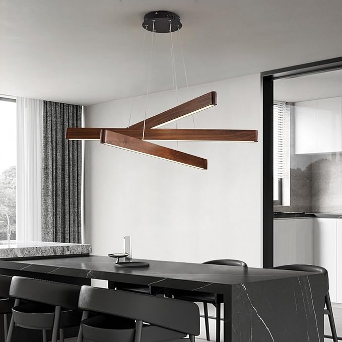 YISDESIGN 3-Light Linear Pendant,Dining Room Light Fixture,Modern Led Chandeliers for Living Room,Dimmable Wood Ceiling Pendant Light,45W for Living Room,Dining Room,Kitchen Island,Walnut Color