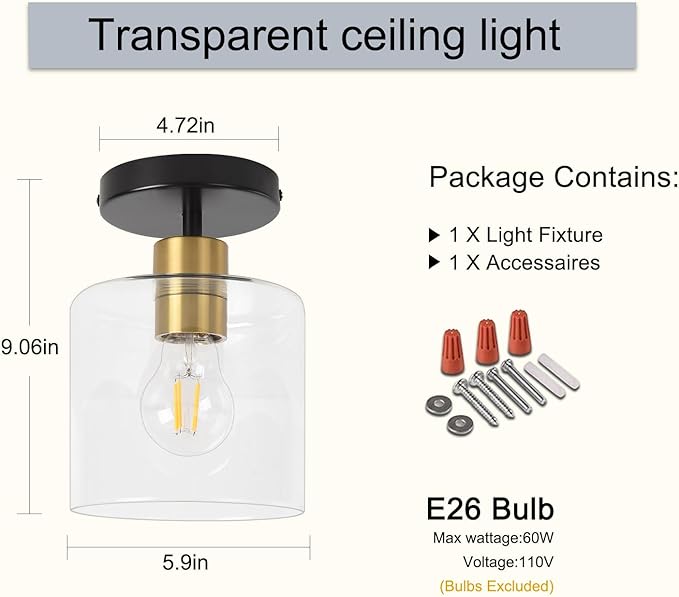 Black Brass Semi Flush Mount Ceiling Light,Modern Farmhouse Ceiling Light Fixture for Closet Entryway,Hallway Light Fixture 5.9in Clear Glass Shade 1 Pack