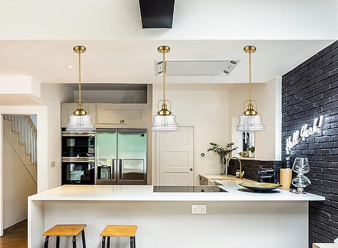 DEYNITE Modern Schoolhouse Pendant Light Fixtures Brass Hanging Kitchen Light with Clear Shade, E26 Light for Dining Room, Bedroom, Bathroom