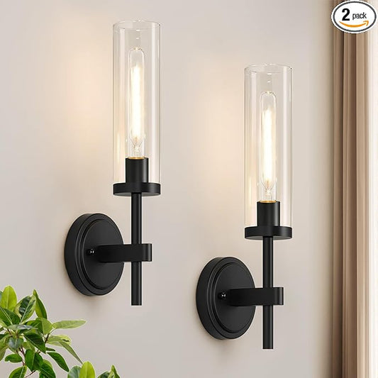 MOKATNG Wall Sconces Set of Two, Matte Black Bathroom Sconces with Clear Glass, Hardwired Sconces Wall Decor Set of 2, Modern Wall Light Fixtures for Bathroom Mirror Living Room Bedroom Hallway