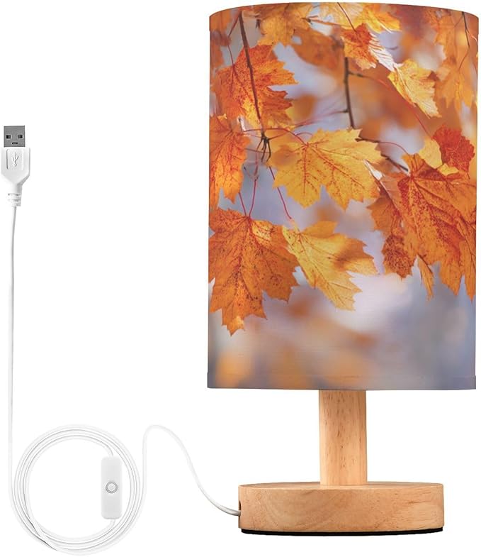 Aslsiy Maple Leaves Bedside Table Lamp Autumn Nightstand Lamp Night Light Fabric Shade for Bedroom Living Room Home Office