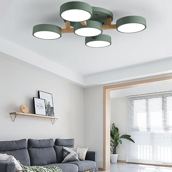 LED Ceiling Light Fixture,32 Inch 5-Lights Modern Ceiling Lights Flush Mount Wooden 55W Chandelier for Living Room Bedroom Kitchen,Dimmable 3000K/4000K/6000K Temperatures Selectable, Green