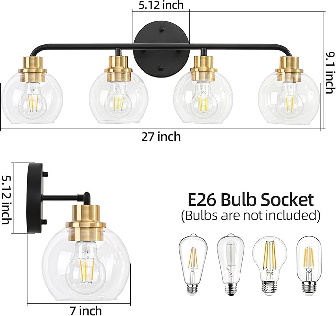4 Light Bathroom Vanity Light, Black and Gold Bathroom Light Fixtures with Clear Glass Shade Modern Wall Sconces Lighting Bath Wall Lights Lamp for Mirror Kitchen Living Room Bedroom Hallway Cabinet