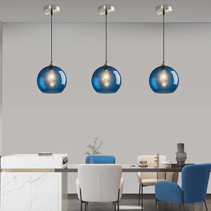 Modern 3-Pack Glass Globe Pendant Lights, Blue Modern Pendant Lighting for Kitchen Island, Clear Glass Hanging Lamps for Dining Room Living Room Bedroom, Small 5.9 Inch Fixture (Bulbs Not Included)