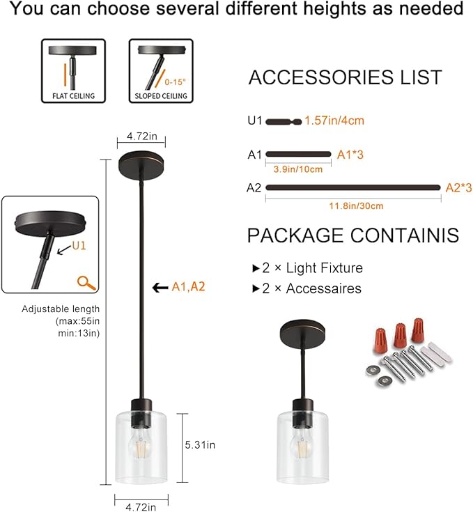 Brown and Gold Pendant Lights Kitchen Island - Clear Glass Pendant Light Fixture Multiple Stems Rods 3 Units 12 Inch 3 Units 4 Inch (2 Pack Brown and Gold Downrod)