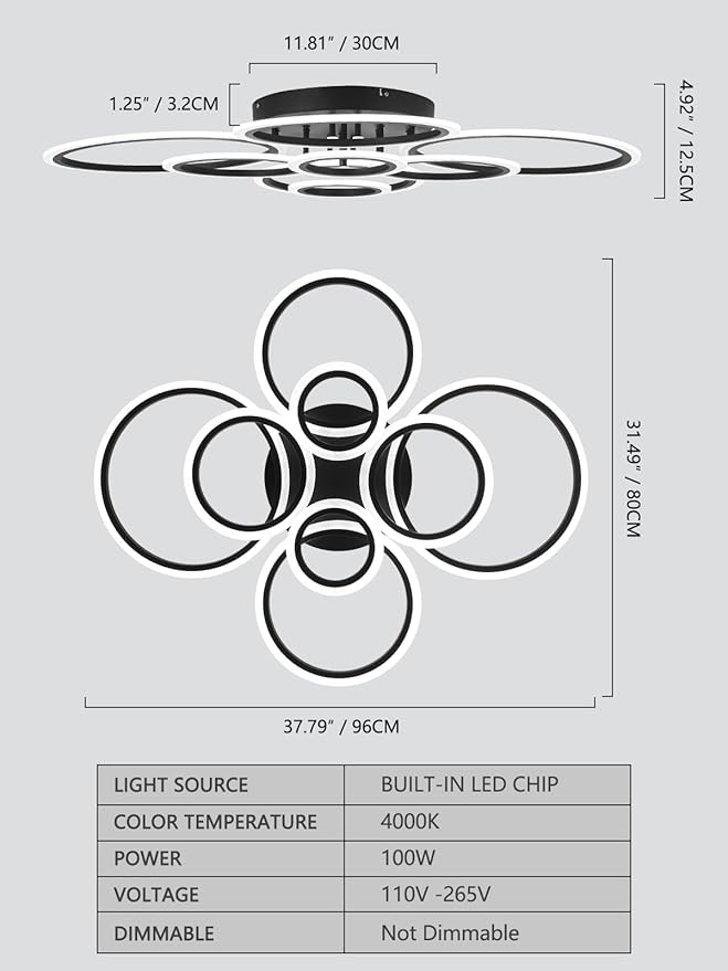 Vikaey Modern LED Flush Mount Ceiling Light, 8 Rings Black Close to Ceiling Light Fixtures, Living Room Lighting Ceiling Lamp for Dining Room, Bedroom, Kitchen, 4000K Not Dimmable