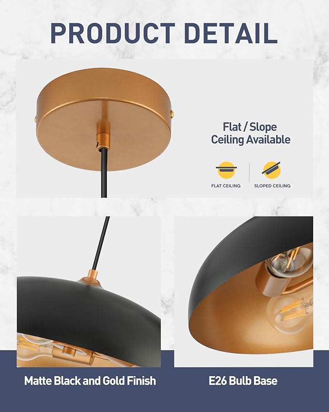 kudos 3-Light Pendant Lights, Modern Pendant Lights Kitchen Island with Matte Black Metal Finish and Gold Interior, Hanging Lamp with Adjustable Cord for Hallway Kitchen Bar Bedroom, KDPL02-BKE