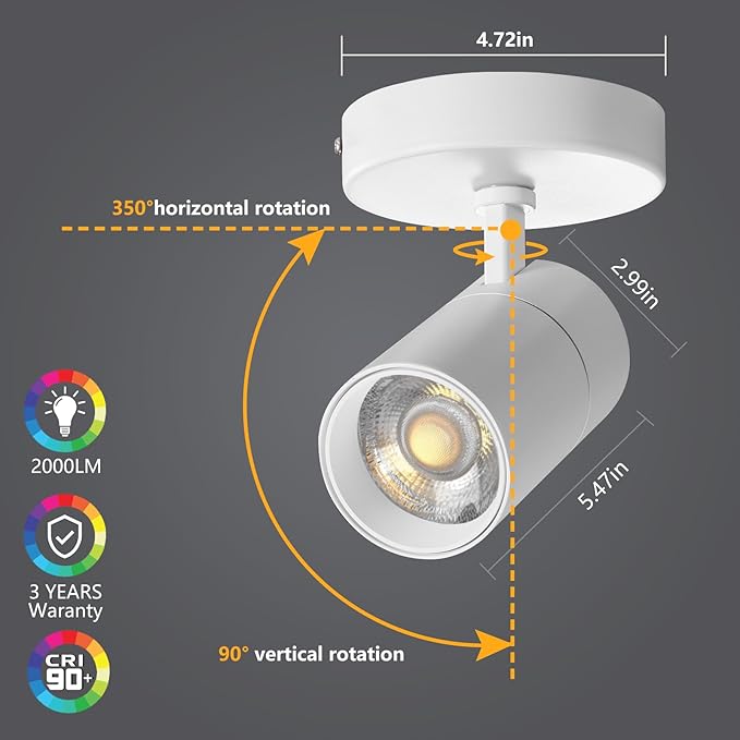 VANoopee 3-Color Dimmable Ceiling Spotlight Flush Mount Adjustable Spotlight Directional LED Spot Lights Indoor Bright Accent Fixture for Living Room Bedroom - CRI90 Flicker Free 20W 2000lm White