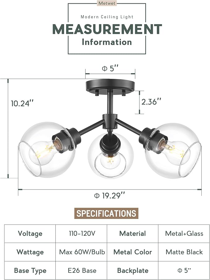 3-Light Semi Flush Mount Ceiling Light, Modern Light Fixtures Ceiling Mount with Globe Clear Glass Shade, Matte Black Light Fixtures for Kitchen Entryway Hallway Bedroom, SM195-MB-3