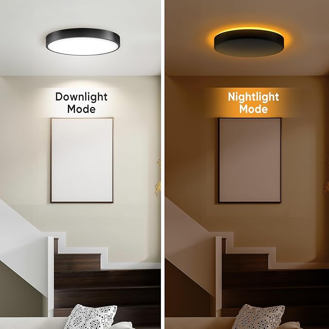 Lightania 13 Inch Flush Mount Ceiling Light with Remote Control & Night Light, 5CCT Dimmable Ceiling Light Fixture, 25W 2500LM 2700K-6500K Adjustable LED Ceiling Lights for Bedroom Kitchen, Black