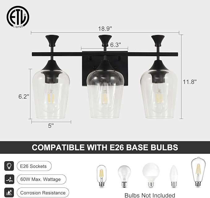 Bathroom Light Fixtures (3-Light, 19 Inch), Matte Black Vanity Lights for Bathroom with Clear Wine Glass Glass Shade, Modern Vanity Wall Lights for Mirror Bedroom Living Room Kitchen Hallway Porch