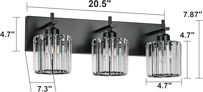 Black Crystal Bathroom Vanity Lights, Modern 3-Lights Bathroom Lighting Fixtures Over Mirror, Crystal Wall Lighting with Round Shade