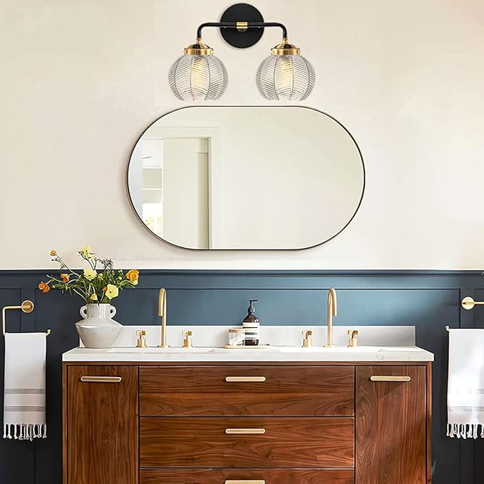 Mid Century Modern Wall Sconce Bathroom Light fixtures 2 Light Ribbed Globe Sconces Vanity Lighting Fixture Black and Gold Vanity Lights Double Wall sconces with Clear Glass Shades