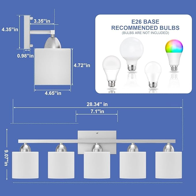 Bathroom Lighting Fixtures Over Mirror, Anti-Rust Vanity Light Fixture for Bathroom, Modern 5-Light Wall Sconce Light for Living Room, E26 Base, Milky White Glass Shades, Bulbs Not Included