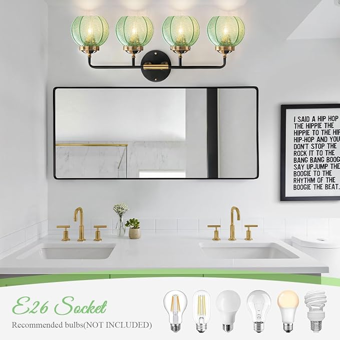 Modern Vanity Light Bathroom 4-Light Fixtures Vintage Wall Lamp Emerald Green Glass Globe Shade Over Mirror Vanity Wall Lights Indoor Deco Lighting Fixture for Mirror Kitchen Cabinet