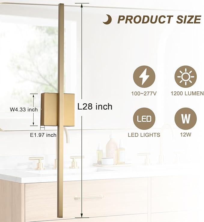 Wall Sconces Set of Two, LED Dimmable Sconces Wall Lighting, Brushed Gold Modern Wall Sconce Light for Bathroom, Living Room, Bedroom, Hardwi