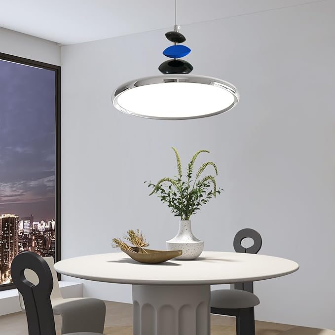 Mikeru Modern Pendant Lights, 23.6" Chrome Pendant Lighting Fixture with Remote Control Dimmable 3 Color Mode & Brightness Mid Century Island Light Fixture for Dining Room,Kitchen,Living Room
