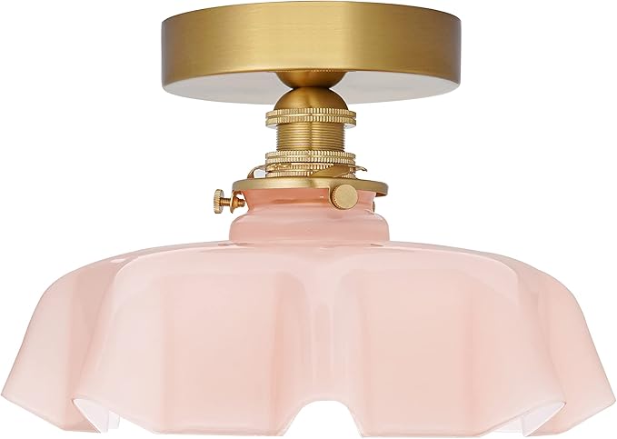 9.4in Vintage Pink Flush Mount Ceiling Light Fixture - Brass Semi Flush Mount Lighting with Flower Glass Shade for Closet, Small Rooms - Compact Indoor Light for Hallway Entryway Porch, Bulb Not