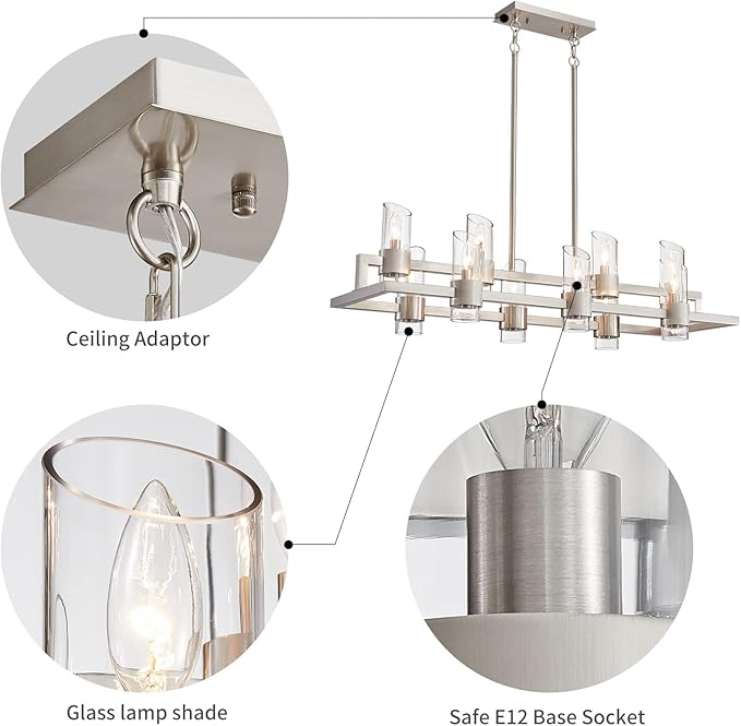 WUZUPS Island Rectangle Chandelier 10-Light with Clear Glass Industrial Modern Farmhouse Linear Light Fixture for Dining Room Kithen Island, Width 42.5" Height 10.4", Brushed Nickel