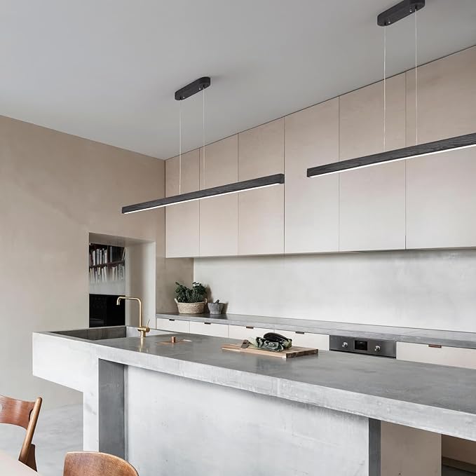 Black Wood Linear Pendant Light – Dimmable LED Chandelier with Remote, Modern Minimalist Lighting for Kitchen Islands, Dining Rooms & Pool Tables (Energy-Efficient 19W)