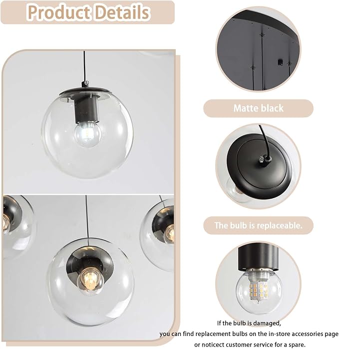 ykolupty Globe Pendant Light Black Pendant Light Fixtures with Clear Glass 1-Light Hanging Lights for Kitchen Dining Room Bathroom Bedroom Hallway