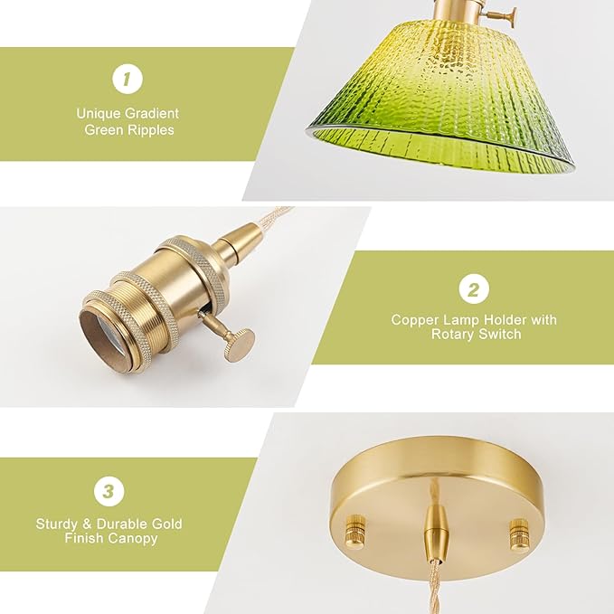 Vintage Pendant Lights Kitchen Island 3 Pack, Adjustable Brass Pendant Light Fixtures with Gradient Green Glass Shade, Gold Kitchen Pendant Lighting Over Island, Pendant Light for Dining Room Hallway