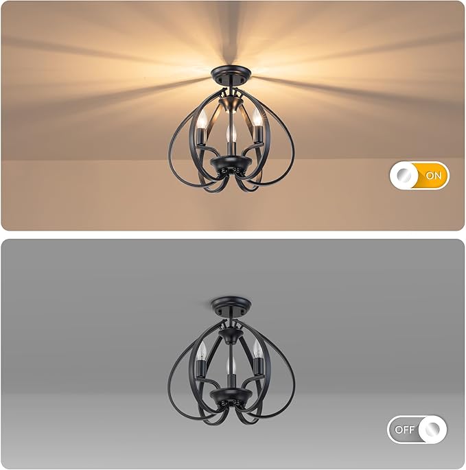 Modern Black Semi Flush Mount Ceiling Light, 15" Farmhouse Globe Cage Chandelier with E12 Base, 40W Max, No Assembly Required, Gothic Semi Flush Ceiling Fixture for Foyer Hallway Bedroom Stairwell