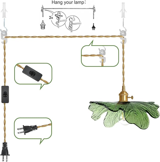 2 Pack Plug in Pendant Light, 14.75ft Cord Hanging Light with Hand Blown Green Glass Shade, Brass Pendant Lamp Plug in Hanging Lighting for Kitchen Island Bedroom Living Room Dining Room