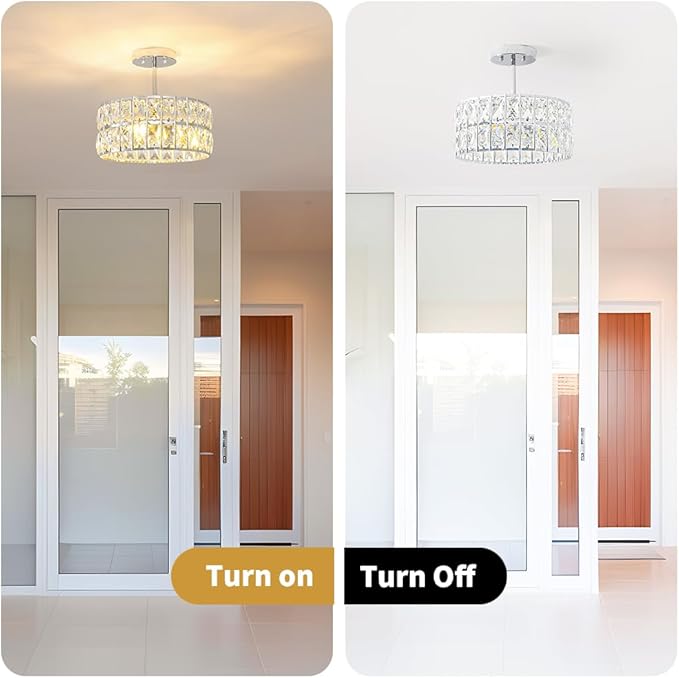 Chrome Crystal Ceiling Light, Modern Semi Flush Mount Ceiling Lighting, Hallway Lighting Fixtures, Small Chandelier Light Fixture for Kitchen Entryway Bedroom Dining Room, 3-Light, 12 Inch