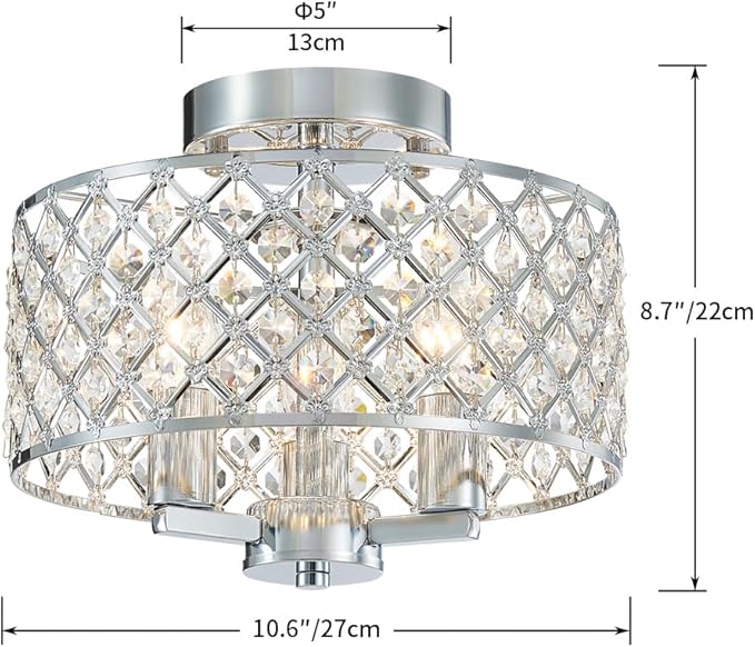 AGV LIGHTING Semi Flush Mount Ceiling Light Fixture, Chrome Ceiling Light Fixture, Siliver Crystal Ceiling Light for Kitchen, 3-Lights