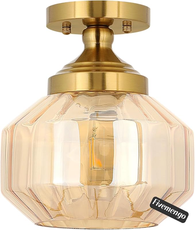 9in Semi Flush Mount Ceiling Light Fixture, Small Vintage Striated Glass Kitchen Lighting Fixtures Ceiling Mount for Entryway Hallway Bedroom Dining Room Bathroom Foyer Laundry (Amber)