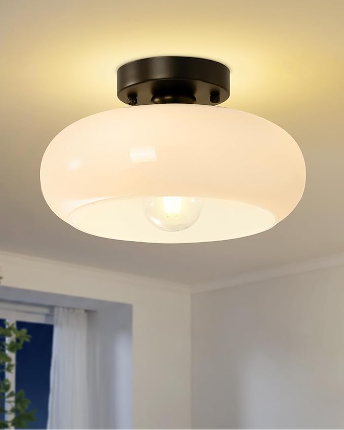 Yunnix Semi Flush Mount Ceiling Light, Black Light Fixture, Mid-Century Modern Farmhouse Milk Glass Small Light Fixtures for Hallway, Bathroom, Kitchen, Bedroom, Living Room, Closet(8.66 Inch)
