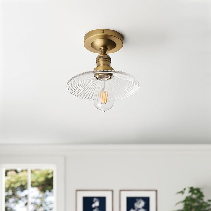 Industrial Semi Flush Mount Ceiling Light, Clear Striped Glass Lamp Shade Pendant Light Fixture, 1-Light Close to Ceiling Light Fixture for Hallway, Entryway, Kitchen, Bedroom