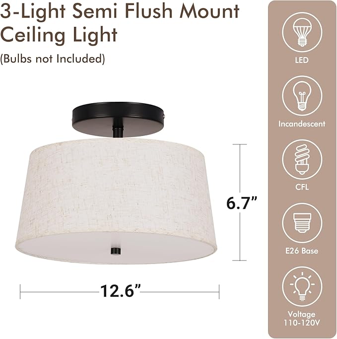 12.6" Light Fxitures Ceiling Mount,3 Light Semi Flush Mount Ceiling Light Fixture,Bedroom,Modern Close to with Linen Shade Drum Light for Living Room Kitchen Entryway lamp