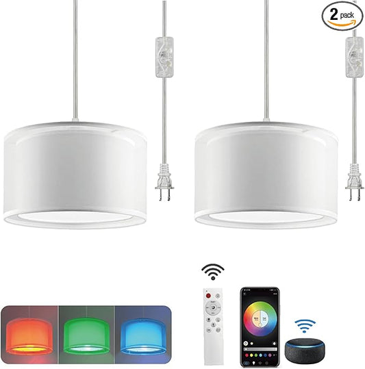 Hanging Lamp Plug in Pendant Light 2 Pack with Remote Control, 15Ft Hanging Lights with Plug in Cord White Double Shade Ceiling Pendant Light for Living Room, Bedroom, Kitchen