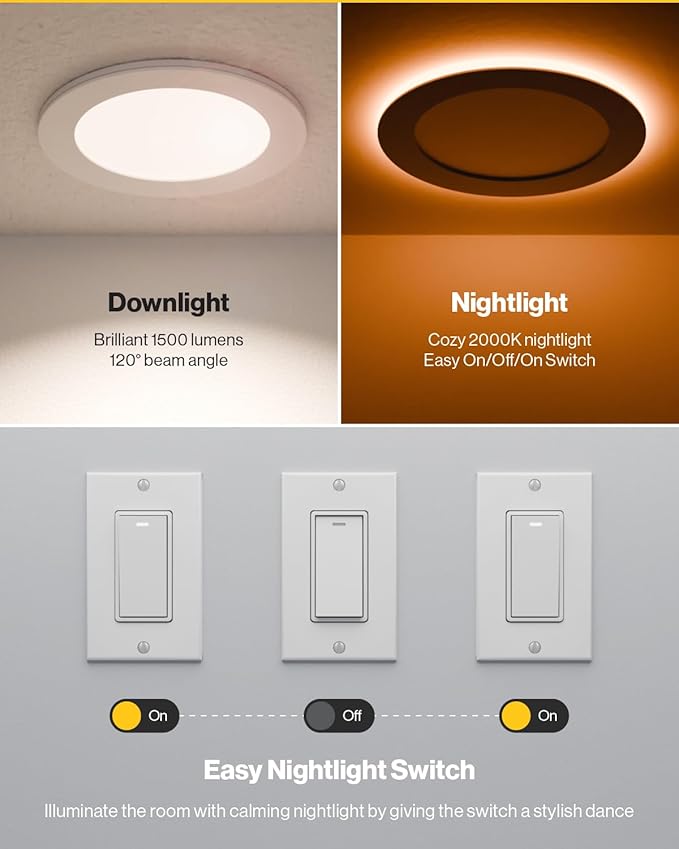 Sunco 6 Pack 6 Inch LED Recessed Light with Night Light, Slim Ceiling Lighting, 1500 Lumens, 15W (110W Equivalent), Selectable CCT 2700K/3000K/4000K/5000K/6000K, Dimmable, Canless with Junction Box.