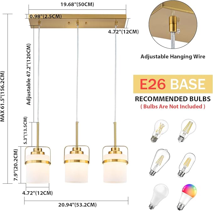 Brass 3-Light Pendant Lighting, Adjustable Hanging Light Fixture with Milk Glass Shade, Modern Pendant Light for Kitchen Island Dining Room Bar Over Sink/Table/Counter