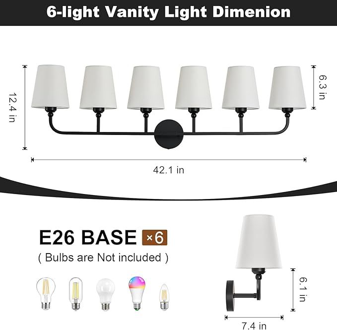 Bathroom Vanity Light, Matte Black Bathroom Light Fixtures, 6-Light Lighting Fixtures Over Mirror, Modern Wall Sconce with Flared White Fabric Shade, E26 Socket(ETL Listed)