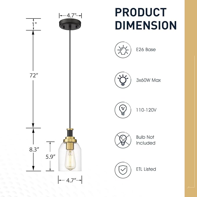 zeyu Modern Hanging Pendant Lights 2 Pack, Kitchen Pendant Lighting with Clear Glass Shade, Black and Gold Finish, ZG33M1L-2 BK+BG