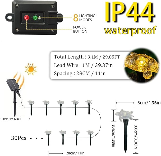 Solar Lights Outdoor, 30 LEDs Turtle String Light, 30 ft Waterproof Patio Landscape Lighting, Garden Decor for Yard, Warm White