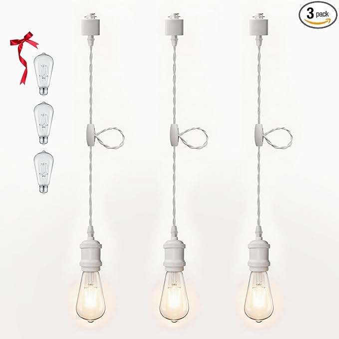 Universal H-Type Modern Pendant Track Lights Kit with 3 Bulbs,3-Pack White Track-Mounted Hanging Fixtures 4000K Natural Light Bulbs, E26 Socket for Kitchen Island and Dining Room