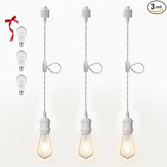 Universal H-Type Modern Pendant Track Lights Kit with 3 Bulbs,3-Pack White Track-Mounted Hanging Fixtures 4000K Natural Light Bulbs, E26 Socket for Kitchen Island and Dining Room