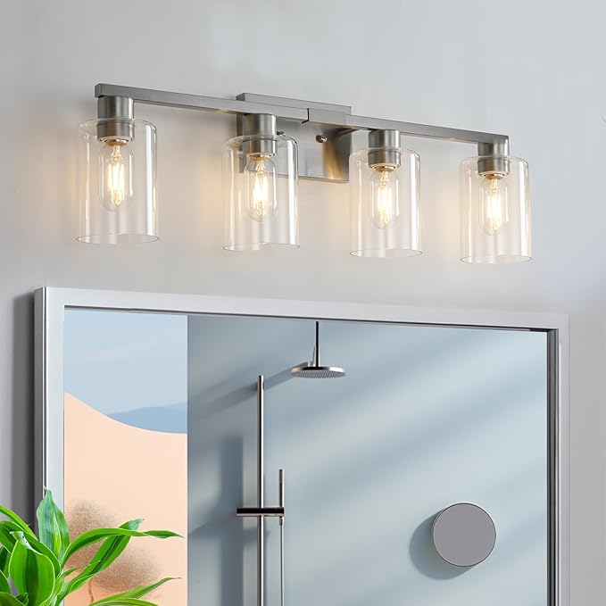 4 Light Bathroom Light Fixtures, Brushed Nickel Bathroom Vanity Light with Clear Glass Shade, Bathroom Lighting Fixtures Over Mirror, Vanity Lights for Bathroom Mirror