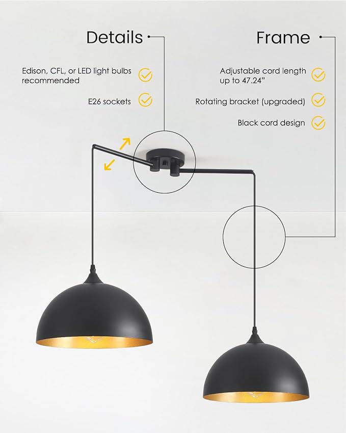 Black Pendant Lights Kitchen Island 2-Light, Black Dome Pendant Light, Kitchen Island Lighting, Dining Room Light Fixture, Island Pendant Lights for Kitchen, Dining Room, Bar, Cafe