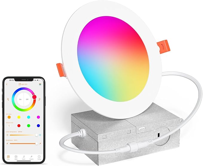 SikSog Smart Recessed Lighting 4 Inch RGBCW Color Changing 12W LED Downlight with Junction Box,1080 Lumen Recessed Ceiling Light Compatible with Alexa,Dimmable by Bluetooth Control -1Pack