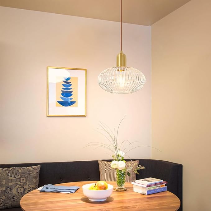 Lxybcce Mid Century Gold Pendant Light, Modern Globe Pendant Lights Kitchen Island, Minimalist Ribbed Island Light with Clear Glass, Adjustable Hanging Light Ceiling Hanging Lamp for Dining Room
