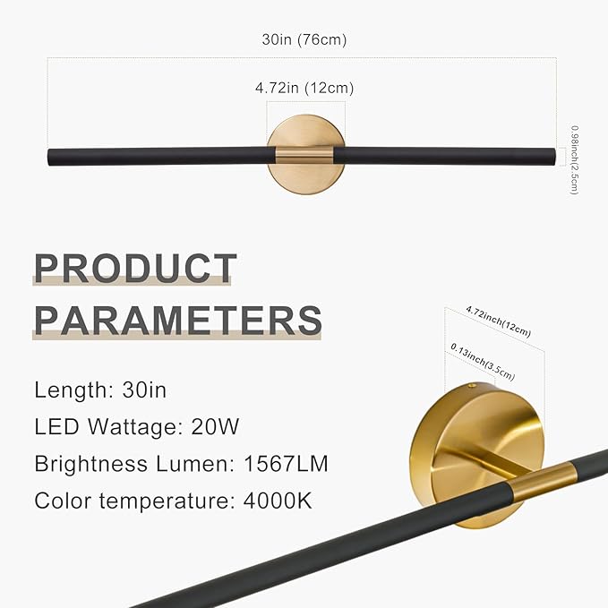 Modern Bathroom Light Fixtures Over Mirror 30 Inch, 20W 360° Rotatable Dimmable 4000K Led Vanity Light Bar, Black and Gold Bathroom Vanity Lights Above Mirror