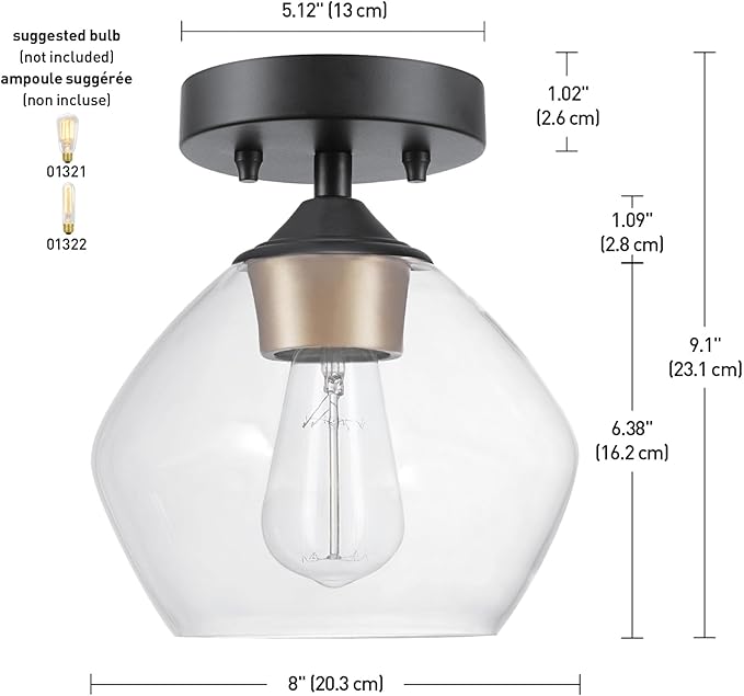 Globe Electric Harrow 1-Light Semi-Flush Mount Ceiling Light with a Matte Black Finish, Gold Accent Socket and Clear Glass Shade, Dimmable Option