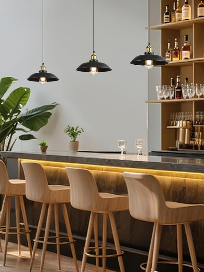 Newrays 3 Pieces Black Pendant Lights E26 E27 Base Black Farmhouse Lampshade for Hanging Light Vintage Metal Shade Fixtures Barn for Kitchen Dining Room Home Bar Foyer